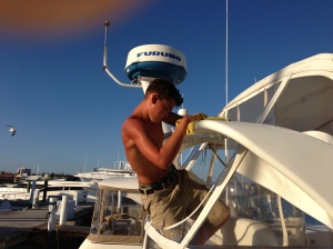 Matt waxing the boat